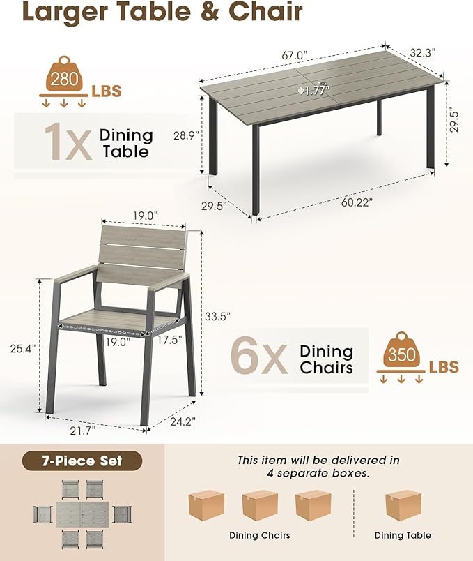 Patio Outdoor Dining Set for 6, Aluminum 7 Piece HDPE Patio Table and Chairs Set with Umbrella Hole, Modren Rectangular Patio Furniture Set with All-Weather Table and 6 Chairs (Classic Gray)