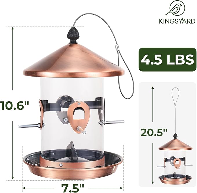 Kingsyard Metal Bird Feeders for Outdoors Hanging with 8 Ports, 4.5 lbs Large Tube Bird Feeder with Seed Tray for Cardinal Finch, Easy to Fill and Clean, Copper