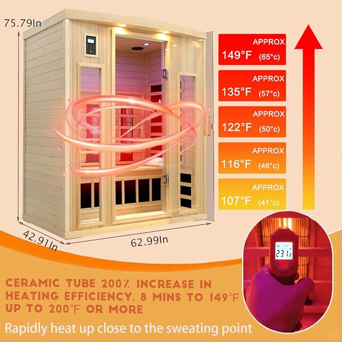 Ceramic Infrared Sauna 3 Person, Low EMF Infrared Saunas for Home, Hemlock Indoor Sauna Room, 2- in - 1 Heating Panels, Bluetooth Speakers, Chromotherapy Lights