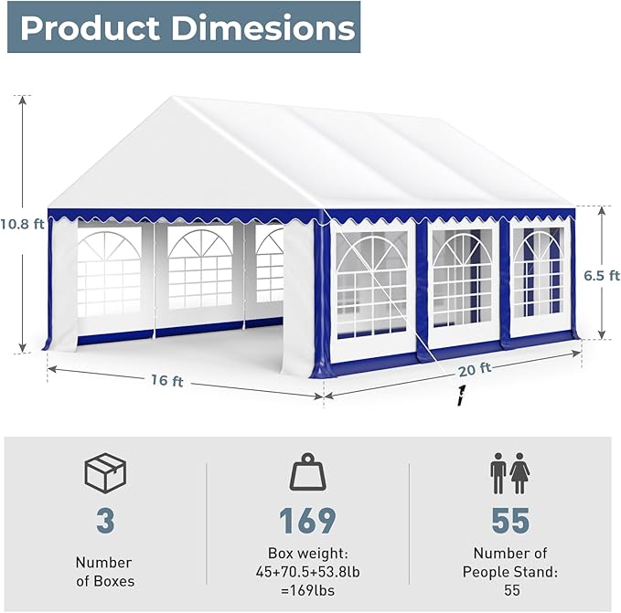 GREEN PARTY 16x20FT Party Tent Heavy Duty, Large Wedding Event Shelters with 3 Carry Bags & Removable Sidewalls, Outdoor Canopy Gazebo Commercial Tent for Carport Camping Garden Patio