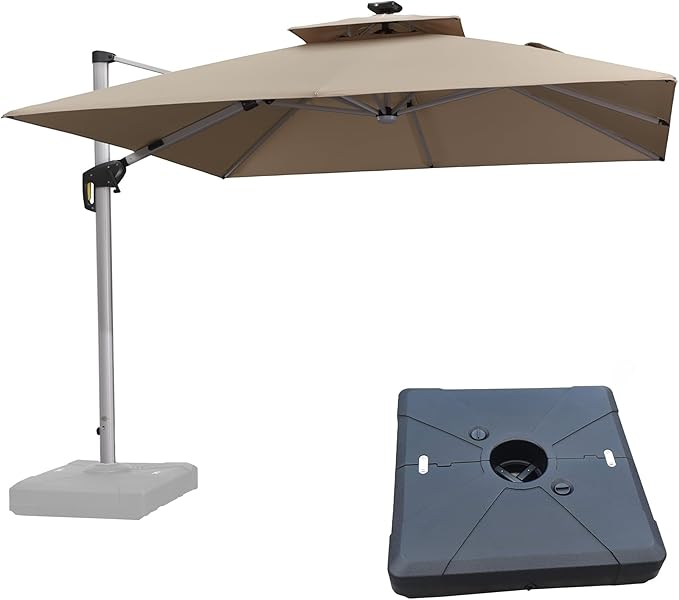 PURPLE LEAF 10 Feet Solar Powered LED Square Cantilever Umbrella With Base Patio Umbrellas Windproof Hanging Umbrella Outdoor Umbrellas Offset Umbrellas, Beige