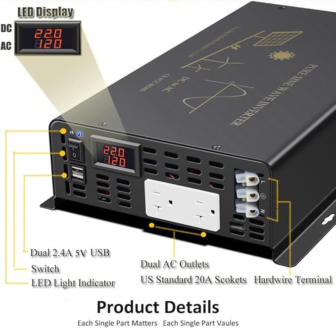 3000Watt Pure Sine Wave Power Inverter 24VDC to 120VAC 6000W Peak Built-in Soft Starter Dual AC Outlets 2× 2.4A USB Port &Hardwire Terminal Off-Grid Solar Converter RV Trucks (U5-300024)
