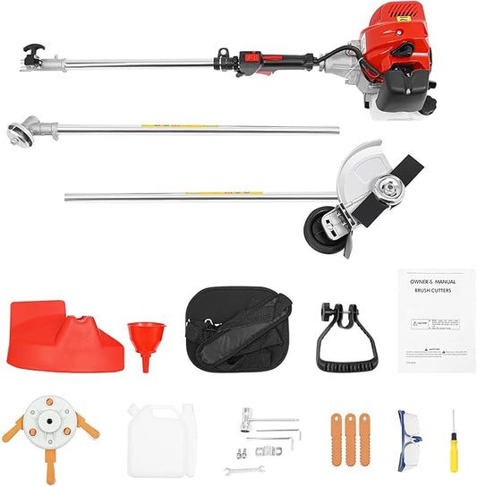43cc Gas Weed Wacker, 2-Stroke Weed Eater, Two T Cutting Blade Cordless 8500r/Min Gasoline Edger 1250w Single-Cylinder Air-Cooled Engine Pole Saw String Trimmer W/Oil Pot Goggles 33.8 Oz Fuel Tank