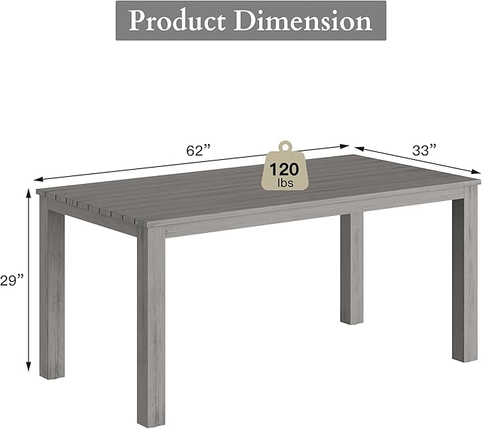 All-Weather Aluminum Outdoor Dining Table, Modern Rectangle Patio Dining Table for Balcony Garden, Grey