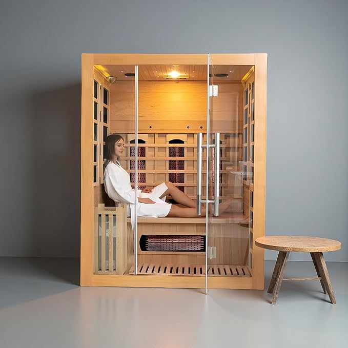 Luxury Dual-System Wood Sauna Room for 2-3 Person, Hybrid Indoor Sauna Spa,Canadian Hemlock, 4.5KW Heater, 195°F Steam+149°F Far Infrared, 10 Heating Elements, 220V, Oxygen Ionizer, 8mm Tempered-grass