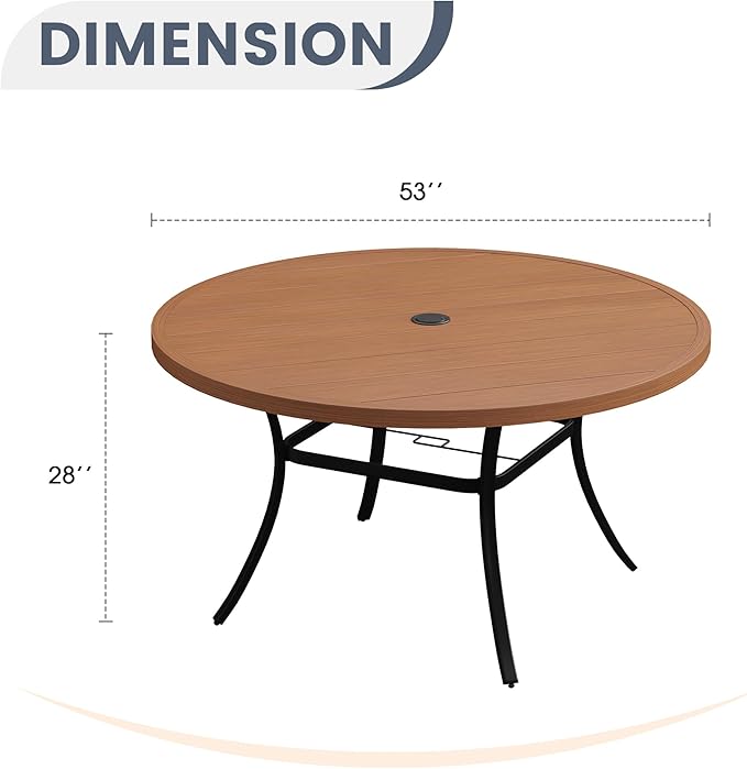 VICLLAX 53" Round Patio Dining Table for 6-8, Metal Outdoor Dining Table with Umbrella Hole for Patio, Garden, Balcony, Walnut