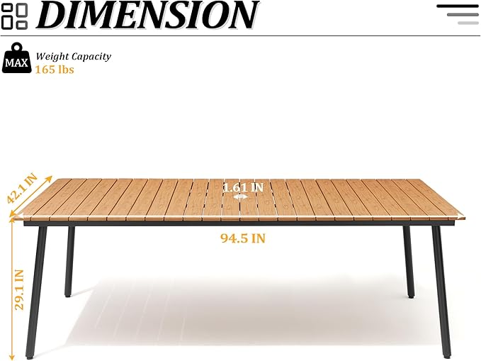 Outdoor Dining Table for 8-10, 94.5 inch Patio Dining Table with Wooden-Like Top and Aluminum Frame, Rectangular Table with Umbrella Hole Outdoor Furniture, Brown