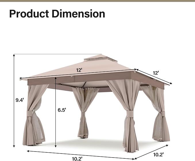 LAUSAINT HOME Outdoor Patio Gazebo 12'x12' with Expansion Bolts, Heavy Duty Party Tent & Shelter with Double Roofs, Mosquito Nettings and Privacy Screens for Backyard, Garden, Lawn, Champagne Khaki