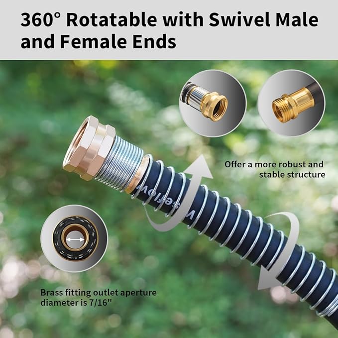WiseFlow Garden Hose 75FT x 5/8", Heavy Duty Rubber Hose, Water Hose with Five Layered Braiding, Male Female Fittings, 1000PSI Burst, 300PSI Working (Black)