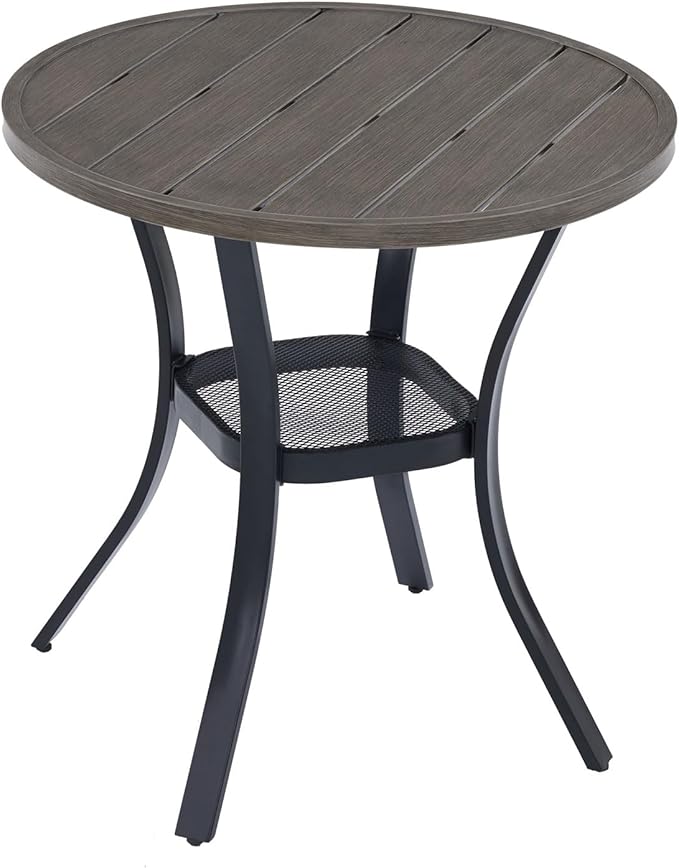 VICLLAX Outdoor Patio Round Dining Table, 28"x 28" Metal Slatted Round Tabletop with Storage Shelf for Deck Lawn Garden Backyard, Antique Grey