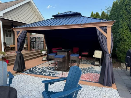 PURPLE LEAF 10' X 14' Outdoor Hardtop Gazebo for Patio Galvanized Steel Double Roof Permanent Canopy Teak Finish Coated Aluminum Frame Pavilion Gazebo with Netting and Navy Blue Curtains