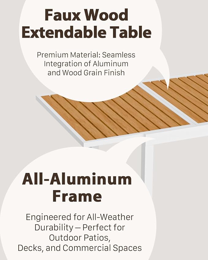Expandable Patio Dining Table for 4-8 People, Aluminum Outdoor Square Table(55"- 82.7") with Safety Lock, Adjustable Height - Wood Grain for Backyard, Garden, Porch, Yard, Poolside,White