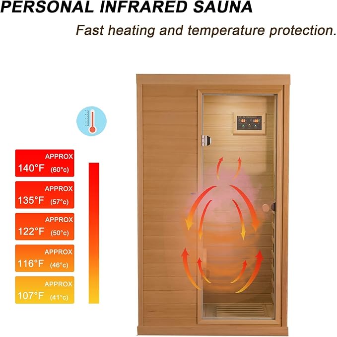 Infrared Sauna 1 Person, Far Infrared Saunas for Home, Low EMF Indoor Sauna, Home Sauna, 1050W, Canadian Hemlock, Smart Display, Bluetooth, Reading Lamp