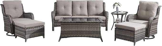 HUMMUH Outdoor Furniture Patio Furniture Set 7 Pieces Wicker Outdoor Sectional Sofa with Swivel Rocking Chairs,Patio Ottomans,Coffee Table,Side Table
