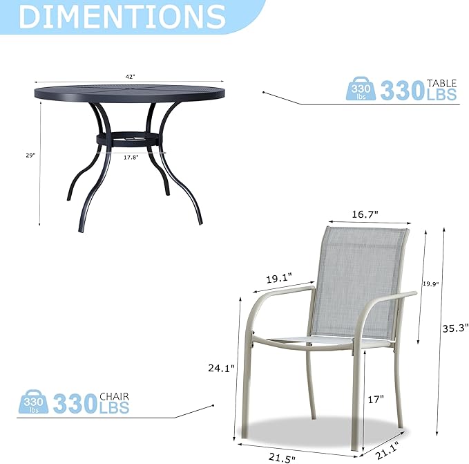 5 Pieces Round Dining Table Set for 4, Patio Dining Set Includes 4 Beige Blue Stackable Patio Chairs and 1 Black Mesh Round Table, Patio Furniture Sets with Sling Support for Outside, Garden
