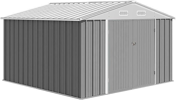 12X10FT Metal Outdoor Storage Shed - Galvanized Steel Waterproof Garden Shed with Lockable Doors & Vents, All-Weather Utility Tool Shed for Lawn Mower, Bike