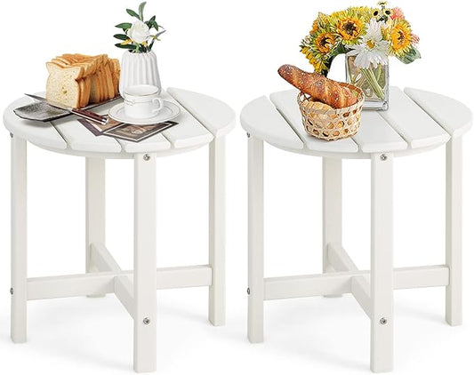 Tangkula Round Outdoor Side Table, 18 Inch Weather Resistant HDPE Adirondack Table, Outdoor Indoor Chairside End Tables, Patio Side Table for Lawn Garden Balcony Backyard, Easy Assembly (2, White)