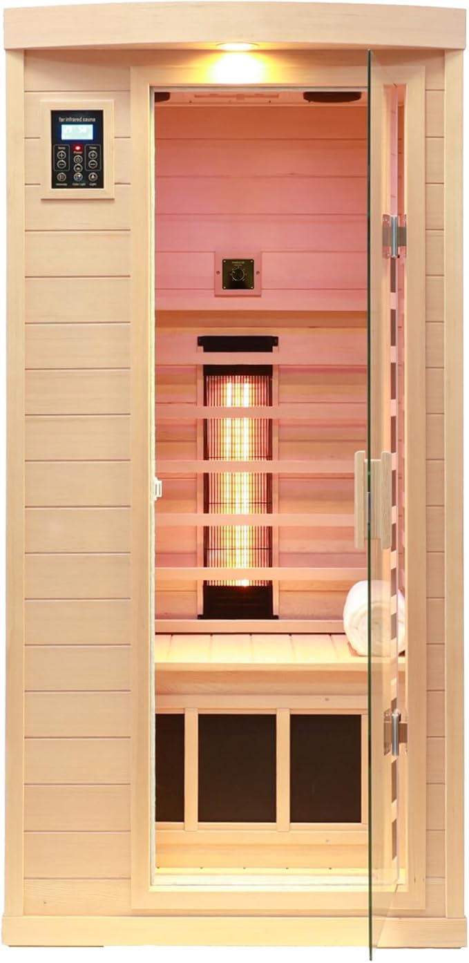 Ceramic Infrared Sauna with Backrest, 1 Person Low EMF Far Infrared Sauna for Home, 1300watt Canadian Hemlock Wood Indoor Saunas with 6 Heating Panels,Blue-Tooth Control, LCD Display