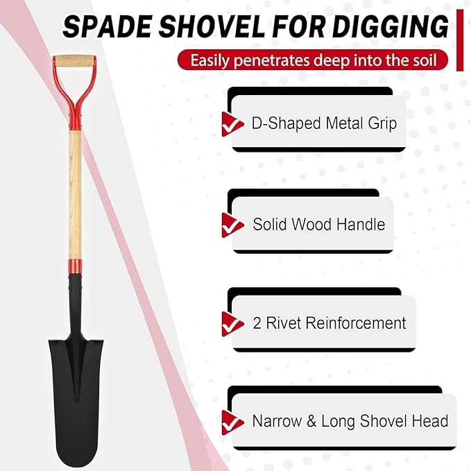 Drain Spade Shovel, Garden Drain Spade, Trenching Shovel, Woode D-Handle, Steel Y-Grip, 45 Inch Spade for Digging Transplanting & Edging (Red)