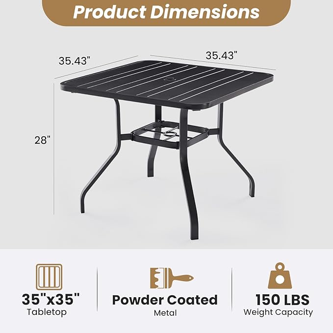 Soohow Patio Dining Table 35"x35", Square Outdoor Dining Table with 1.57" Umbrella Hole, Metal Outdoor Furniture for Patio, Graden, Backyard and Poolside, Weather-Resistant