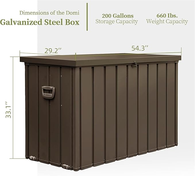 200 Gallon Outdoor Storage Deck Box with Lockable and Mobile Roller, Large Steel Container Bin with Waterproof and UV Resistant for Garden, Patio, Dark Brown
