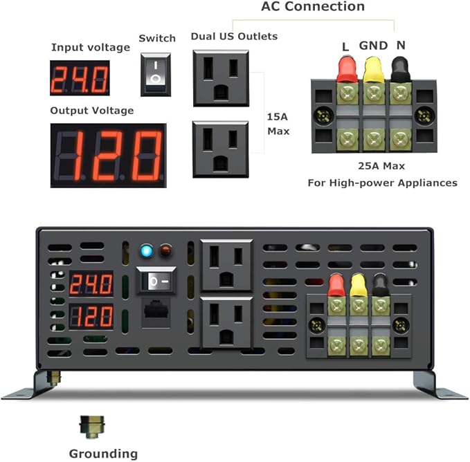 WZRELB 4000W 24VDC 120VAC Pure Sine Wave Power Inverter, 2 AC Outlets, Wired Remote Control, RV
