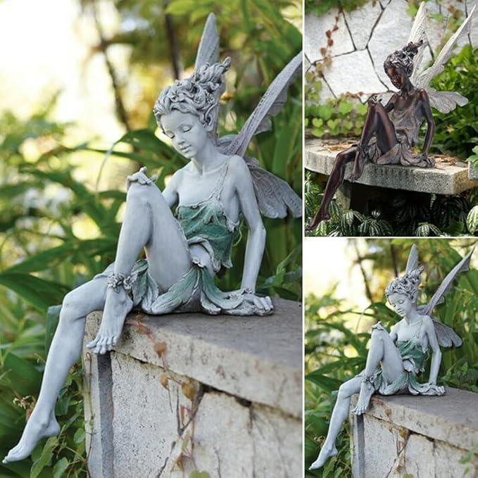 Fairy Garden Figurines Outdoor,Sitting Fairy Statues,Resin Garden Sculptures & Statues,Angel Figurines for Outside(White)