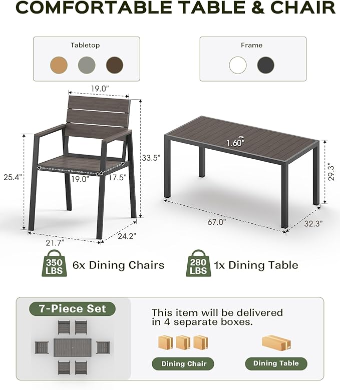 Outdoor Dining Set for 6, Patio Table and Chairs Set, Aluminum Patio Furniture Set with Umbrella Hole, HDPS Patio Dining Table Set for 6 (Charcoal)