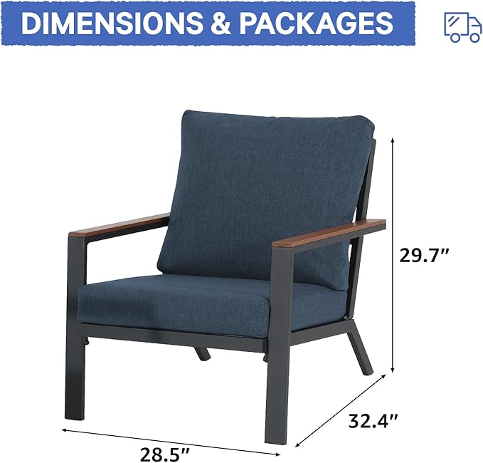 Soleil Jardin Aluminum Patio Furniture Armchair Set of 2, Outdoor Patio Chair with FSC Certified Solid Wood Top, Outdoor Conversation Set Deep Seating Single Chair w/Removable Cushion, Denim Blue