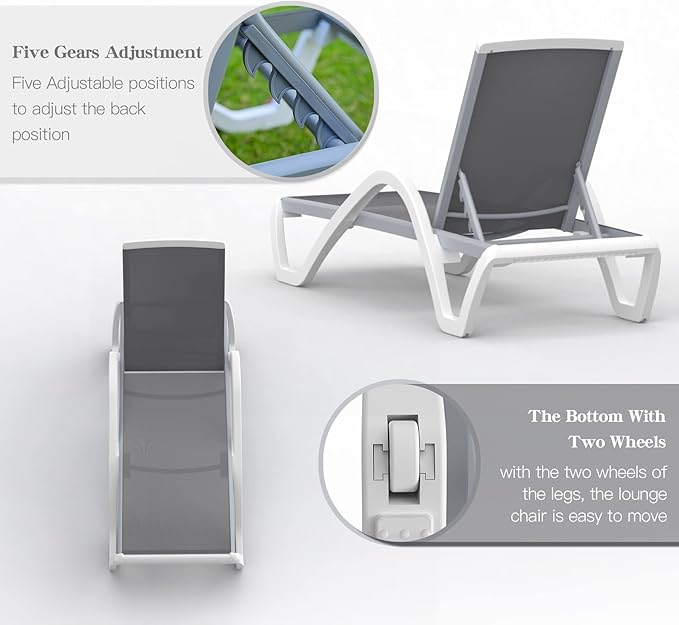 Domi Outdoor Lounge Chair, Aluminum Patio Chaise Lounge with 5 Position Adjustable Backrest and Wheels, All Weather Reclining Chair with Armrest for Patio, Yard, Balcony, Poolside (Grey)