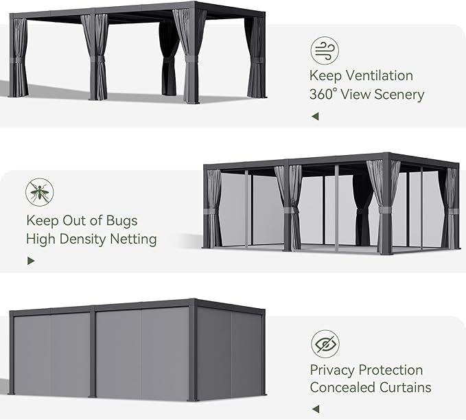 Aoxun Louvered Pergola 12' x 20' Outdoor Aluminum Pergola with Adjustable Top for Decks, Gardens and Backyards, Gray