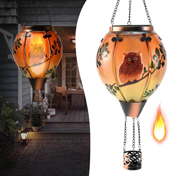 Hot Air Balloon Solar Lantern - Owl Stained Glass Lantern, Simulated Flickering & Dancing Flame, Outdoor Hanging Yard Light Waterproof IP65 for Patio Lawn Porch Decor Gift