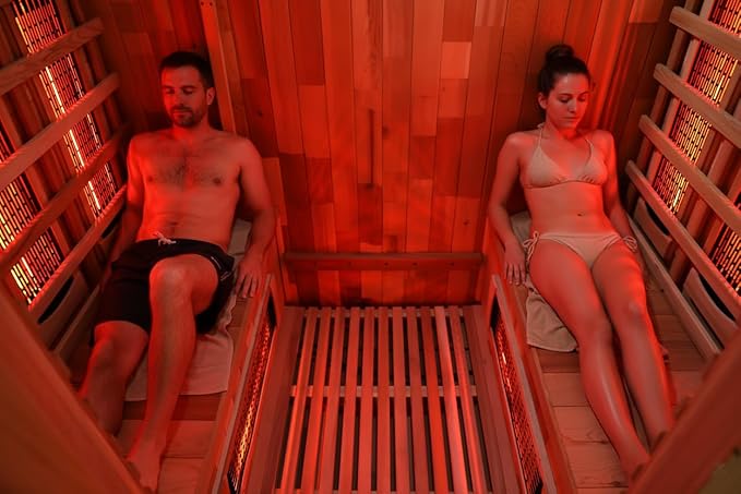 Outdoor Far Infrared Sauna 6 Person, Canadian Red Cedar Barrel Sauna, Extra Large Space with Porch, 220V, 3500 W, 10 Heating Element, Oxygen Bar, USB Radio, Lamps(0-140℉)