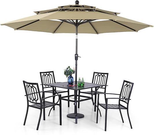 PHI VILLA Patio Dining Set 5 pcs with Umbrella(Beige),1 Square Metal Table& 4 Metal Outdoor Stackable Chairs and 1 10ft 3 Tier Auto-tilt Umbrella (Base Not Included)