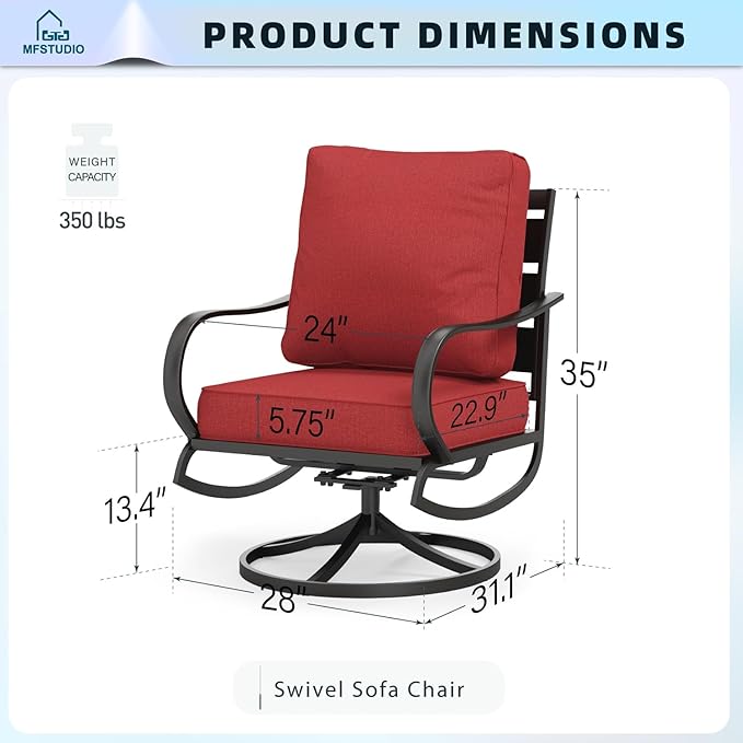 MFSTUDIO Metal Patio Conversation Sets, Outdoor Furniture Sofas Set of 2, 2 Pieces Durable Steel Frame Patio Swivel Chairs with 5.8" Burgundy Red Cushions for Patio Garden Backyard Balcony