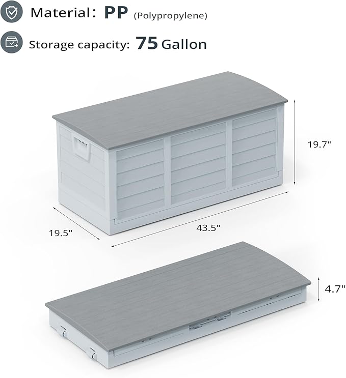 Outvita Foldable 75 Gallon Outdoor Storage Box, Plastic Storage Containers with Lid, Patio Deck Box Furniture for Garden, Pool, Balcony, Yard (Gray Body-Gray Lid)