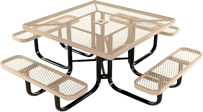 COATEDOUTDOORFURNITURE Heavy-Duty Portable Outdoor Kids Table with Umbrella Hole, Expanded Metal Kids Picnic Table, Commercial-Grade, Made in America (46 in, Square, Childrens, Tan)