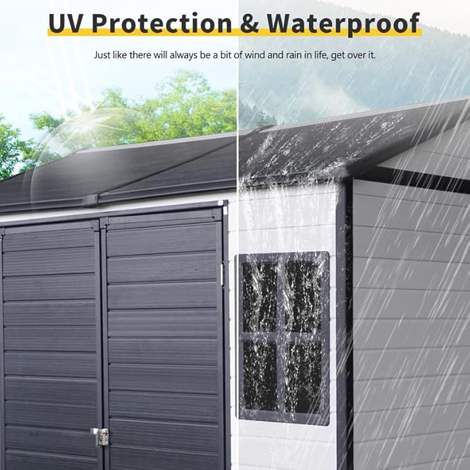 8x6 FT Resin Outdoor Storage Shed with Floor and 2 Windows, Outside Plastic Sheds Storage Clearance w/Lockable Door, Backyard Garden Tool House for Patio, Yard, Lawn, Bike, Grey White