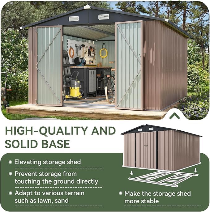 Aoxun 10 x 12FT Shed with Base Utility Garden Galvanized Steel Shed with Lockable Door & Sloped Roof Metal Sheds Outdoor Storage for Garden, Backyard, Patio and Backyard (Brown/Base Included)