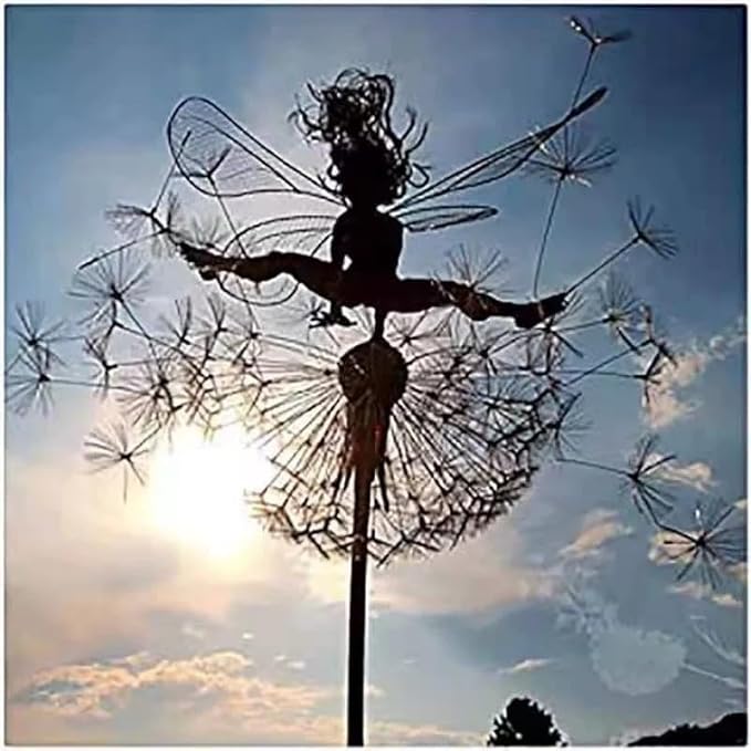 Flower Fairy Dancing with Dandelion, Art Sculpture Fairies for Fairy Garden, Angel Metal Ornaments Gardens Art Sculpture, Outdoor Decorations for The Courtyard, Christmas and Halloween Lawn (C)