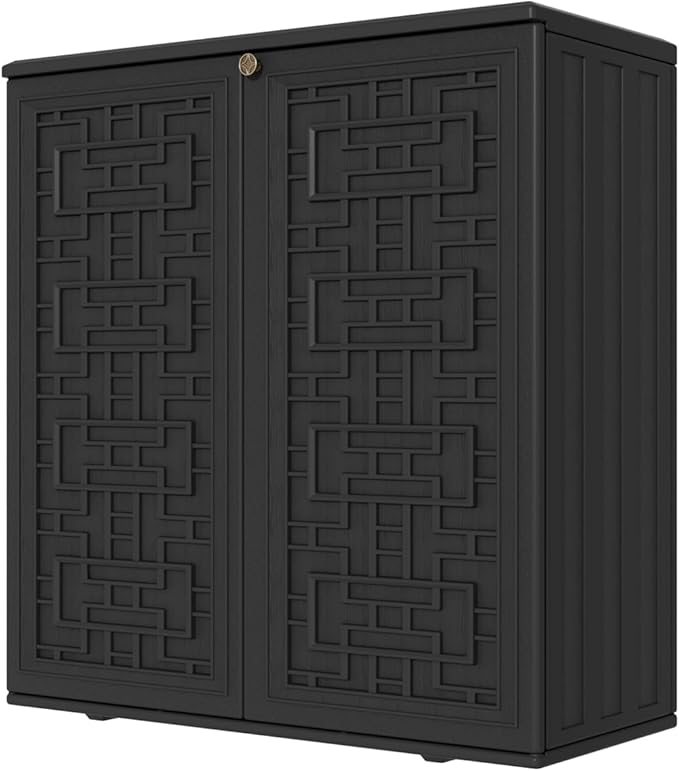 KINYING Outdoor Storage Cabinet Waterproof, Resin 60 Gallon Deck Box for Patio Furniture Cushions, Garden Tools, Pool Tools and Kids’ Toys (Black with 1 Shelving)