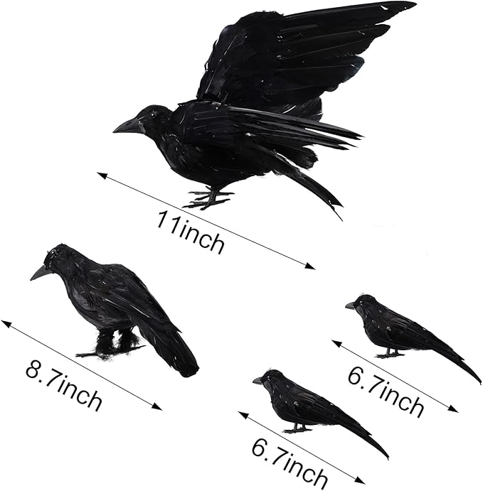 Yerliker 5 Pcs Halloween Black Feathered Crow and Skull Statue Set Handmade Realistic Crow Decor Spooky Plastic Fake Porch Decor for Halloween Decorations