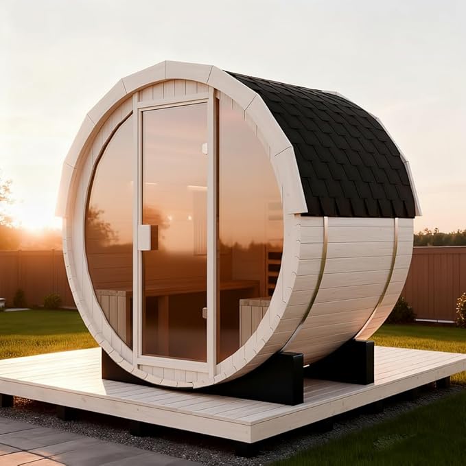 Outdoor Wooden Full Glass Door Barrel Sauna, 4 Person Sauna Room 220V， 6kw ETL Electric Heater， Accessories and Asphalt Shingle Roof (Helmock)