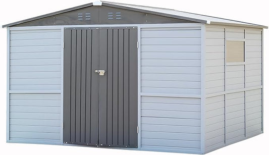 Galvanized Steel Frame & Solid Fir Wood Wall Shed | 8x10ft Outdoor Storage Shed with 10-Grade Waterproof Roof & 9-Level Wind Resistance, Lockable Double Doors & Windows for Garden, Lawn, Patio