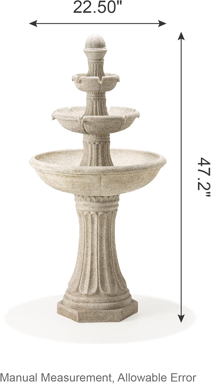 Glitzhome Outdoor Fountains and Waterfalls 3 Tier Patio Fountain with Pump & LED Light, Resin Terrazzo Water Fountains Oversized Outdoor Floor Stand Fountain for Garden Backyard Yard Lawn Sand Beige
