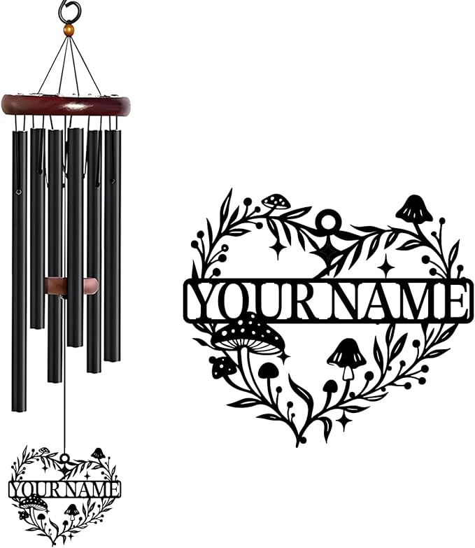 Personalized Customize Name Fantasy Mushroom Wonderland Wind Chime, Metal Iron 37 Inch Outdoor Memorial Gift for Garden Yard Patio Home Decor, Black (Style F)