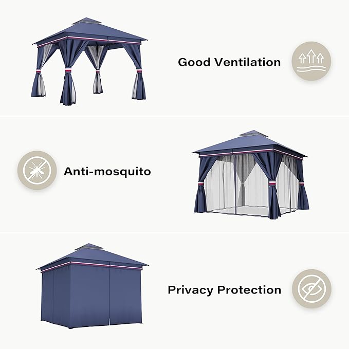 Outdoor Patio Gazebo 8FT, Heavy Duty Party Tent & Shelter with 2-Tier Roof and Expansion Bolts, Mosquito Nettings and Privacy Screens for Backyard, Garden, Poolside, Classic Blue