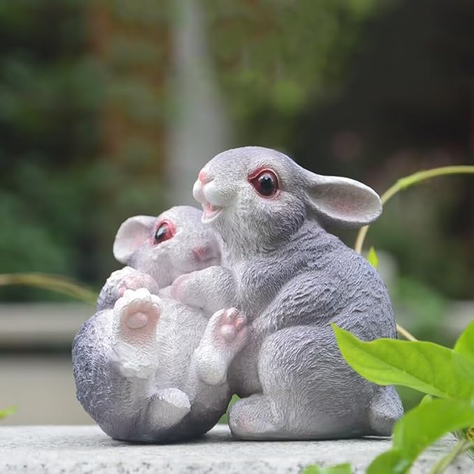 Garden Statues Bunny Decor Resin Hug Rabbit Figurine Cute Fairy Garden Decor Outdoor Statues for Patio Yard Porch Balcony Gifts for Women Mom Grandma Grey