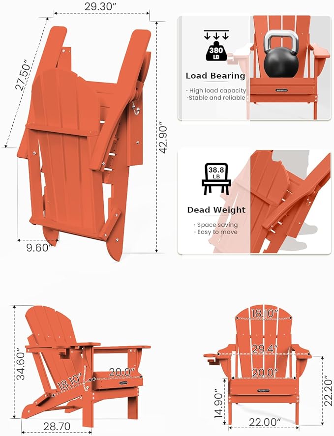 MUCHENGHY Folding Adirondack Chairs, Patio Chairs, Lawn Chairs, Outdoor Chair, Adirondack Chair Plastic, Fire Pit, Weather Resistant with Cup Holder for Deck, Backyard, Garden(Orange)