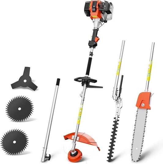 52cc Gas Powered Weed Eater, 6 in 1 Gas Weed Wacker with Hedge Trimmer & Pole Saw - Multi-Attachment Brush Cutter,2-Stroke Gas String Trimmer for Yard Maintenance